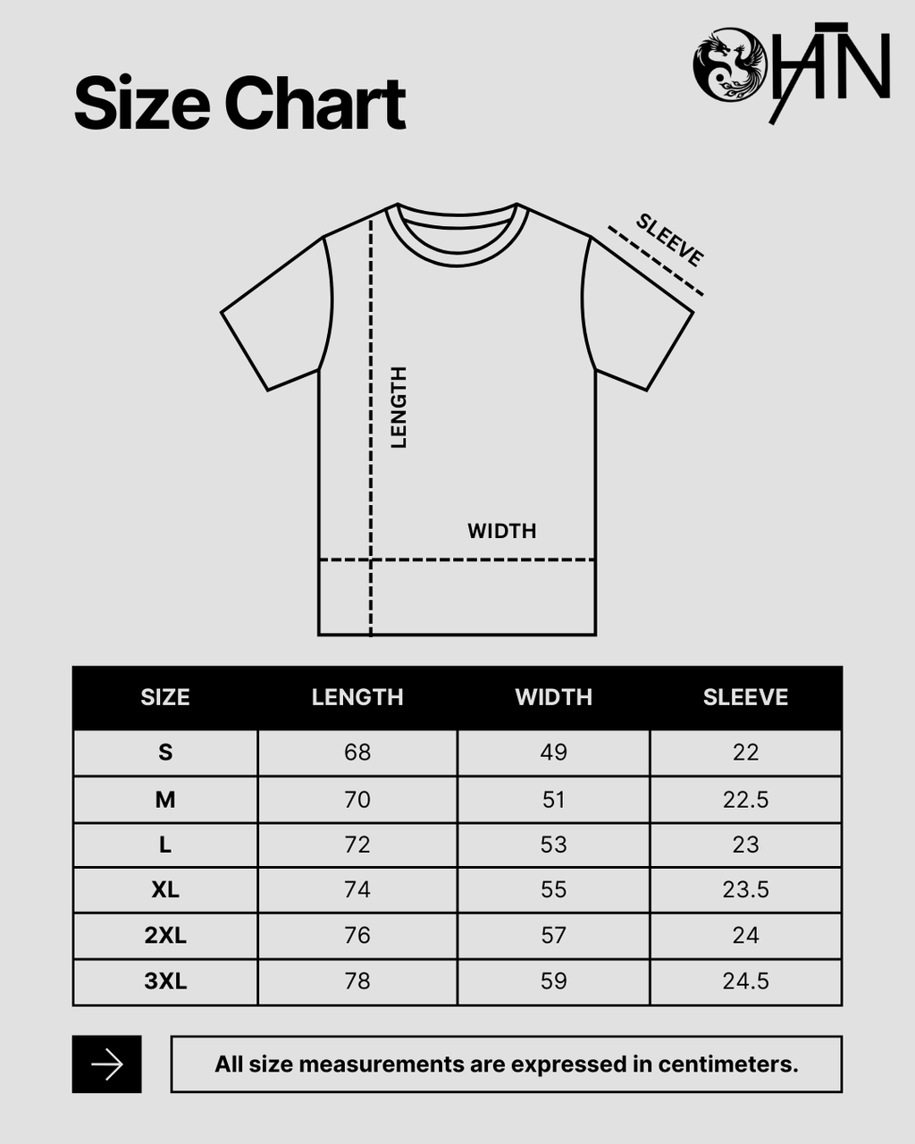 Size chart image for HĀN Official's Angel Eyes #1 T-Shirt from the Gods & Grims Collection, showing measurement details.